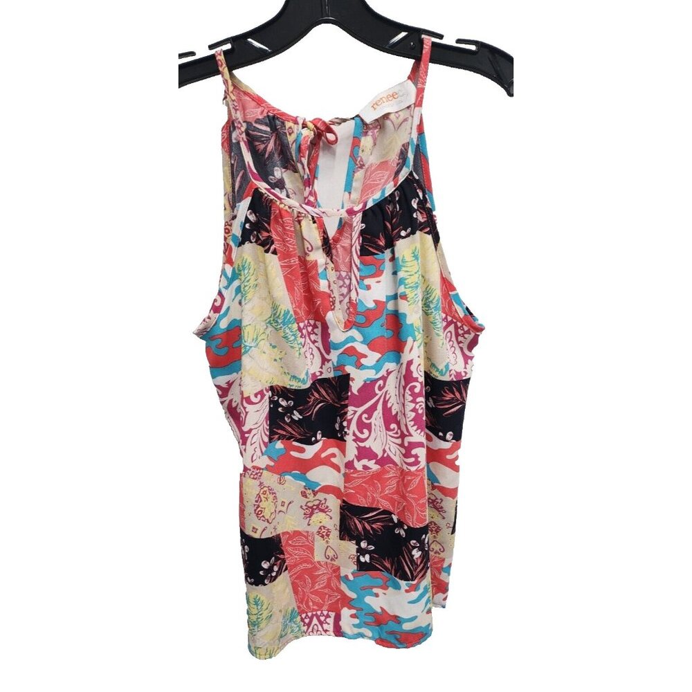 ReneeC Womens BOHO Tank Top Small Red Floral Patchwork Tie Back Keyhole Festival